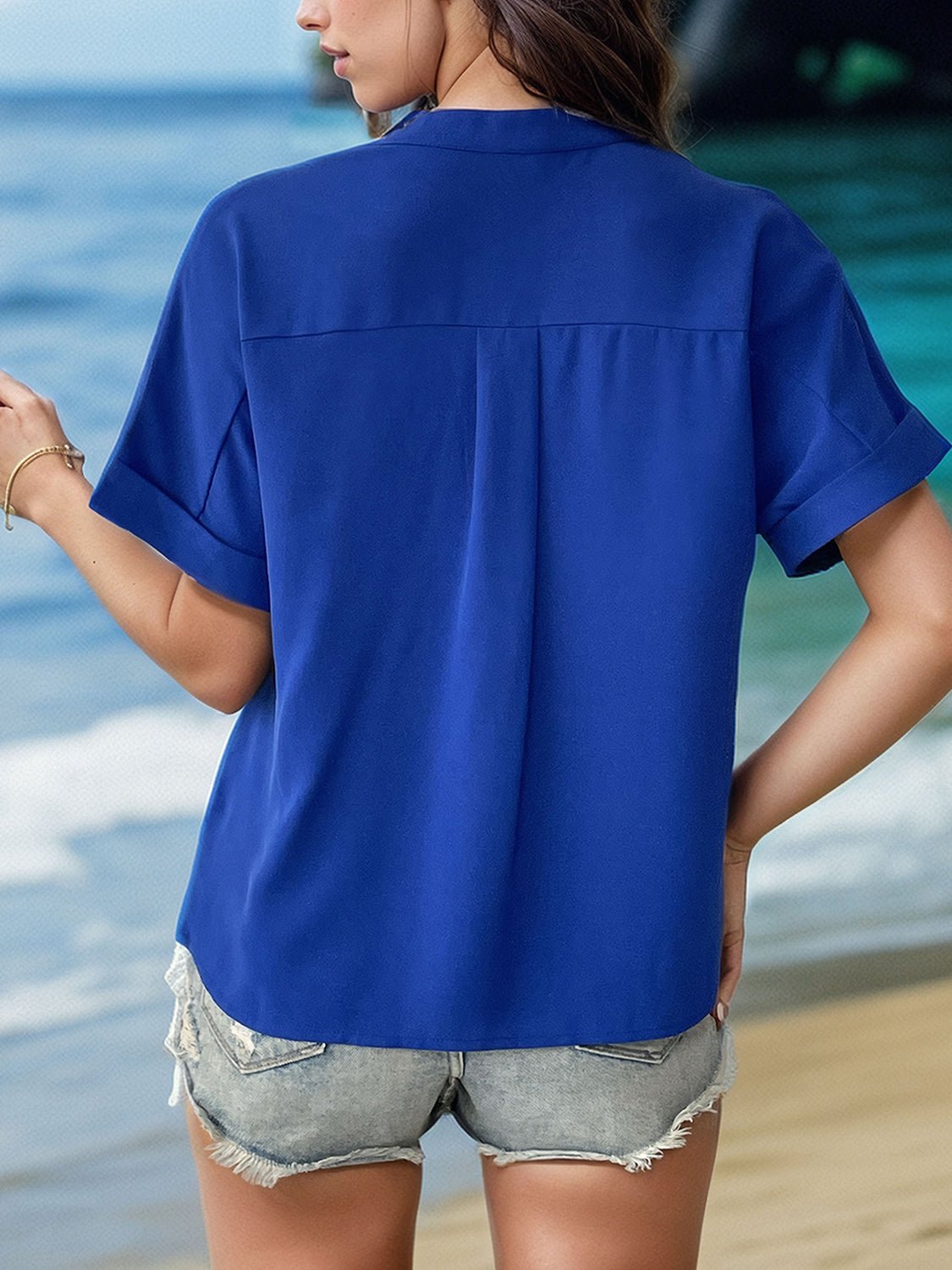 Buttoned Notched Short Sleeve Blouse - Luminous Bear