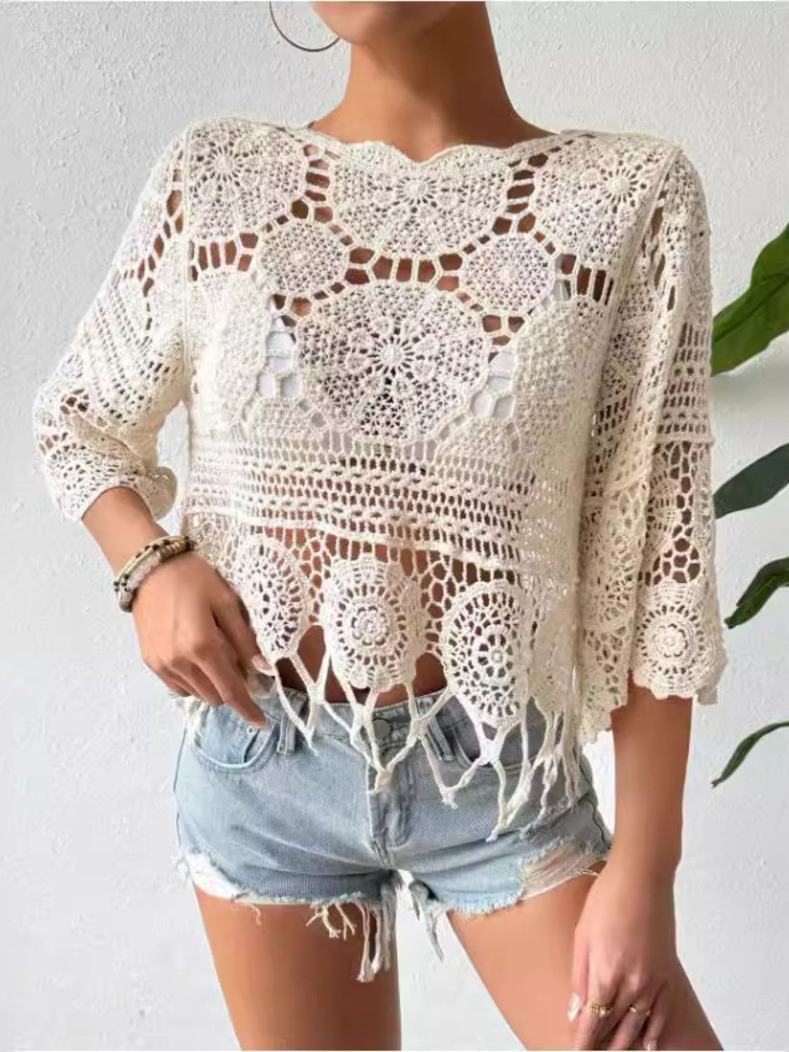 Stylish Openwork Round Neck Cover-Up - Luminous Bear Shop