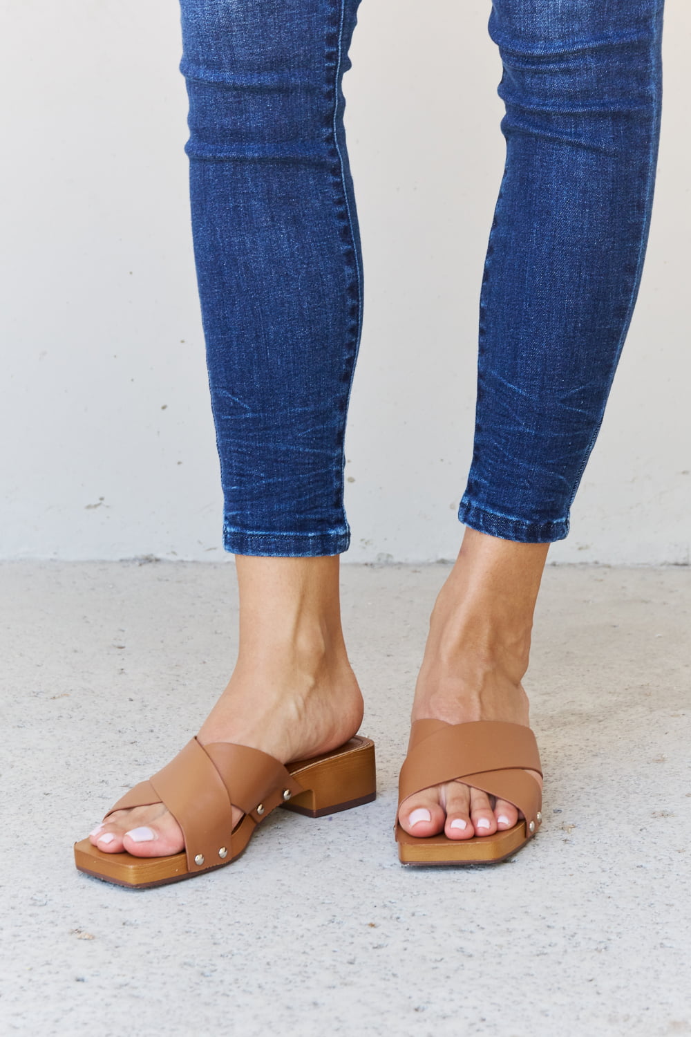 Weeboo Step Into Summer Criss Cross Wooden Clog Mule in Brown - Luminous Bear Shop