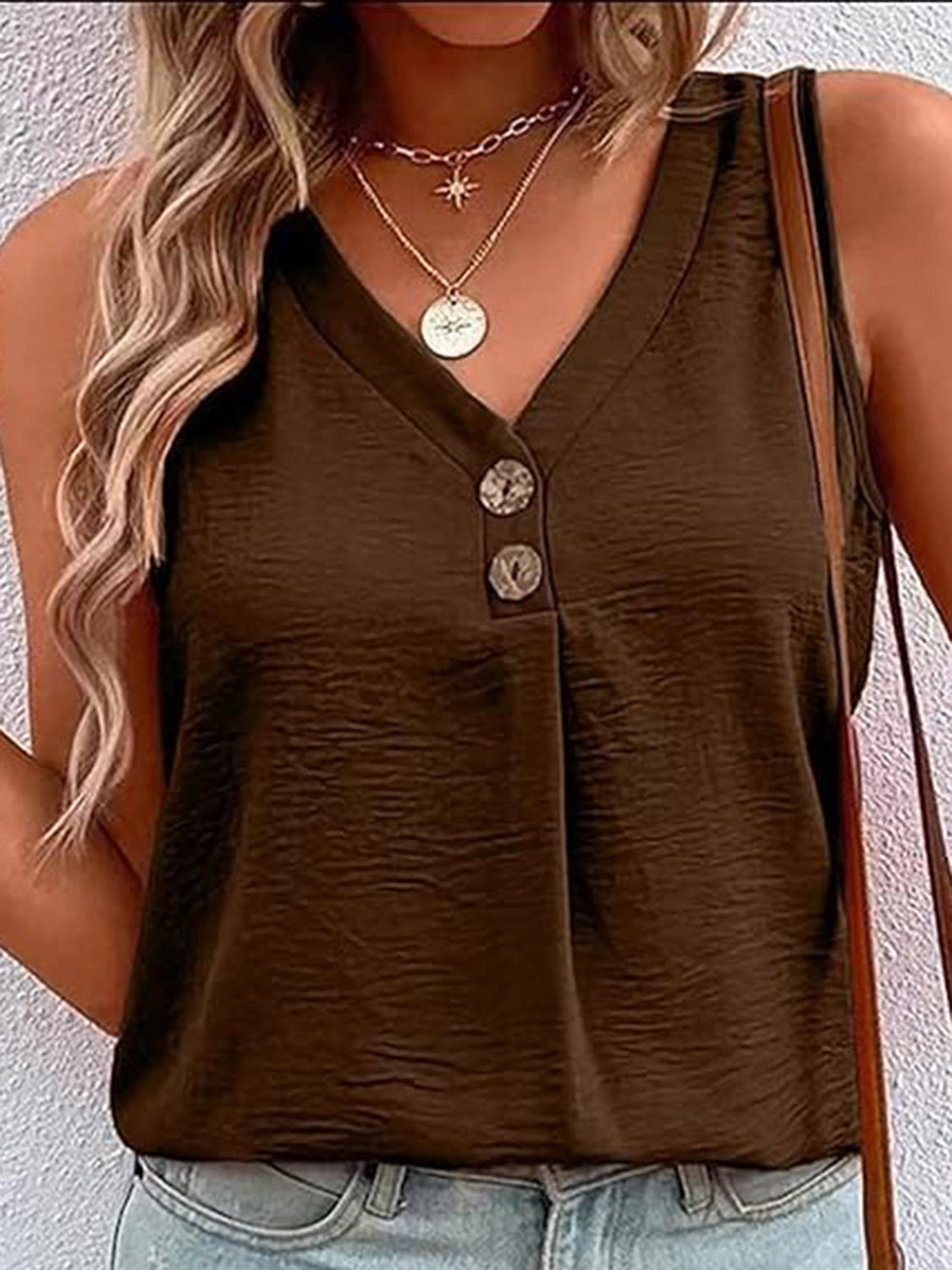 Full Size Decorative Button V-Neck Tank - Luminous Bear Shop