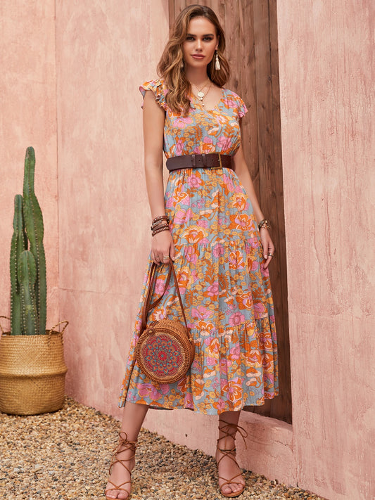 Ruffled Printed V-Neck Cap Sleeve Tiered Dress - Luminous Bear Shop