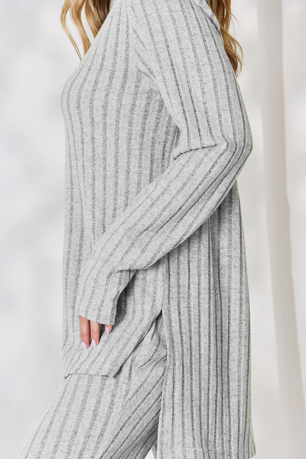 Basic Bae Full Size Ribbed High-Low Top and Wide Leg Pants Set - Luminous Bear Shop