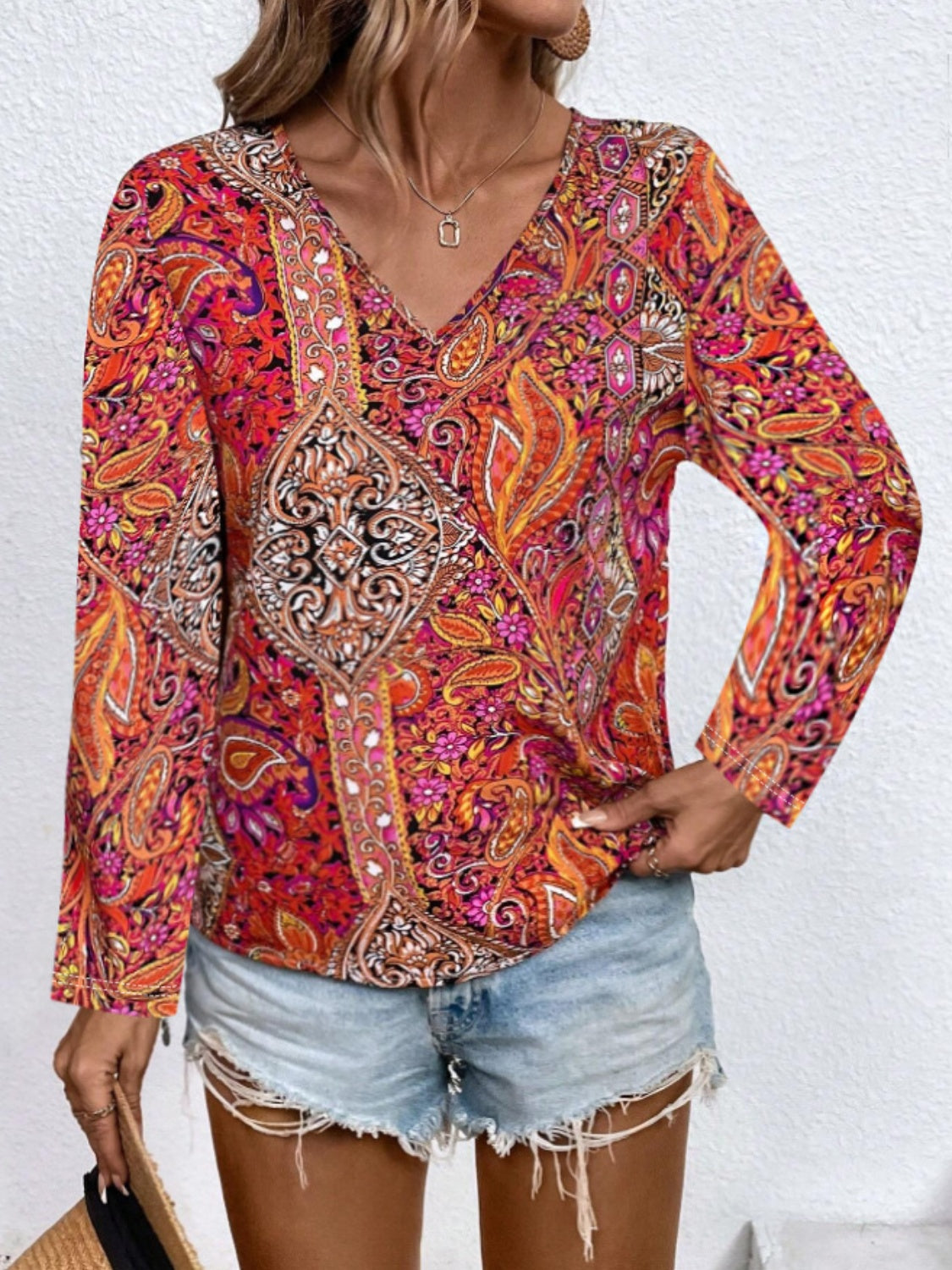 Printed V-Neck Long Sleeve Blouse - Luminous Bear Shop