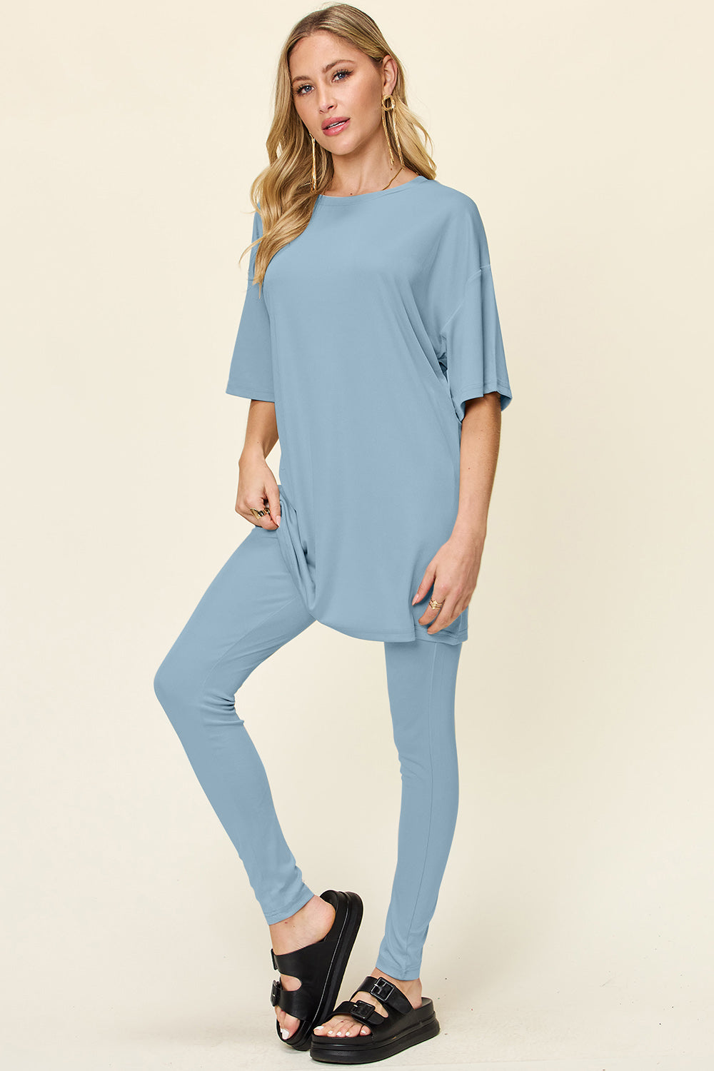 Double Take Full Size Round Neck Dropped Shoulder T-Shirt and Leggings Set - Luminous Bear Shop