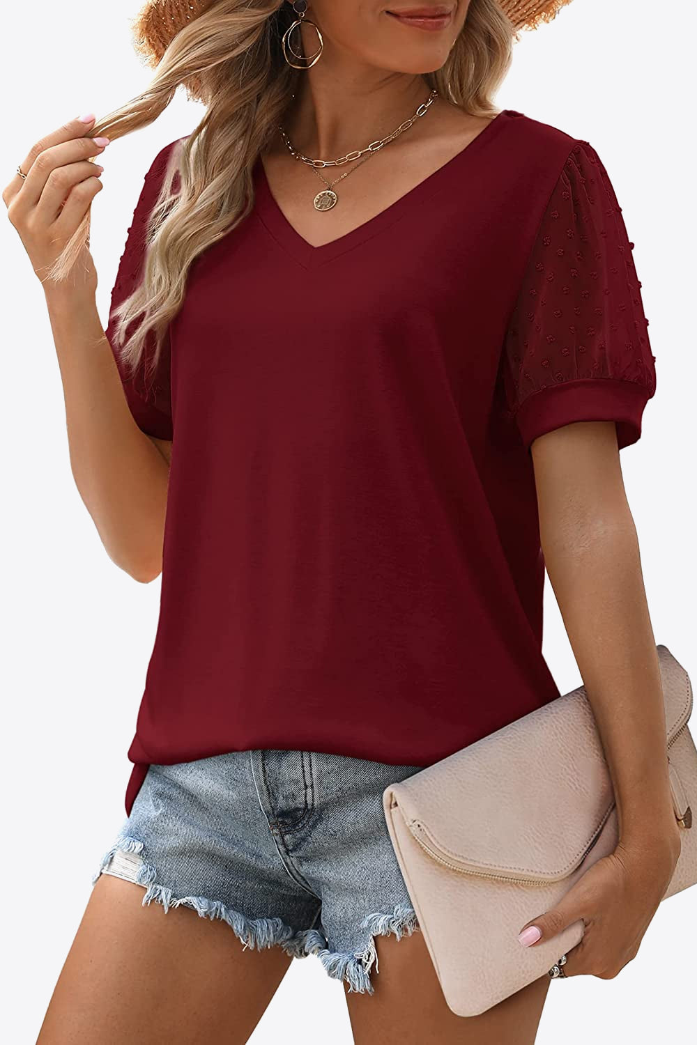 Swiss Dot Puff Sleeve V-Neck Tee - Luminous Bear Shop