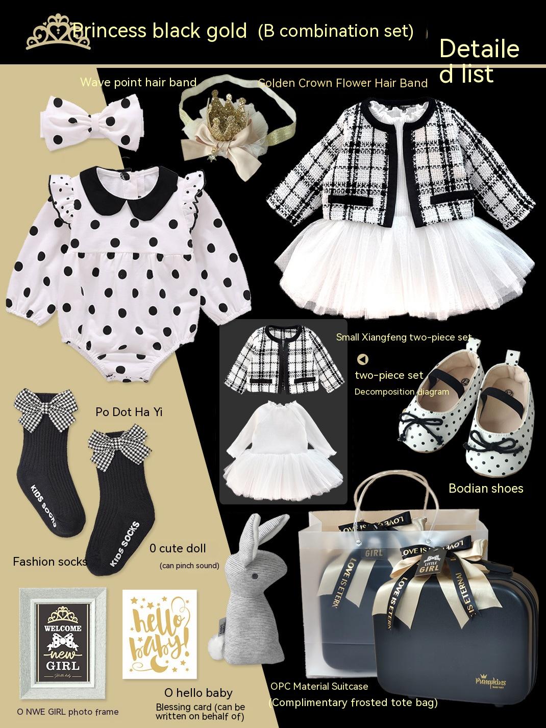 Color: B Combination, Suitable Height: 80 Yards - Baby Gift Package Little Princess Black Gold Dress Polka Dot Set