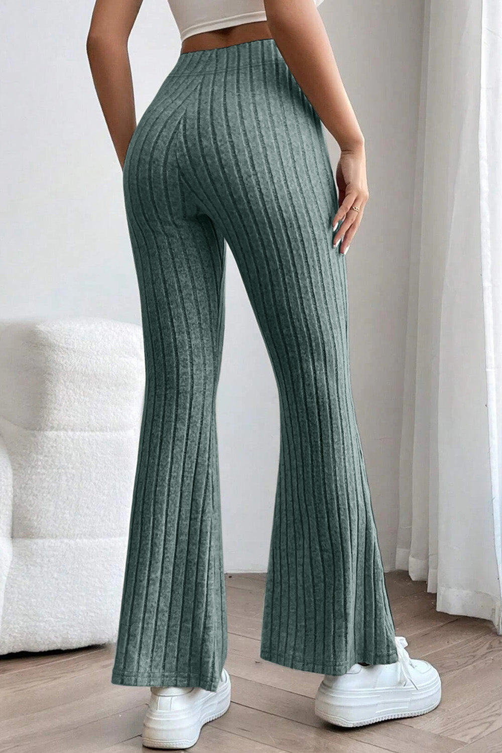 Basic Bae Full Size Ribbed High Waist Flare Pants - Luminous Bear Shop