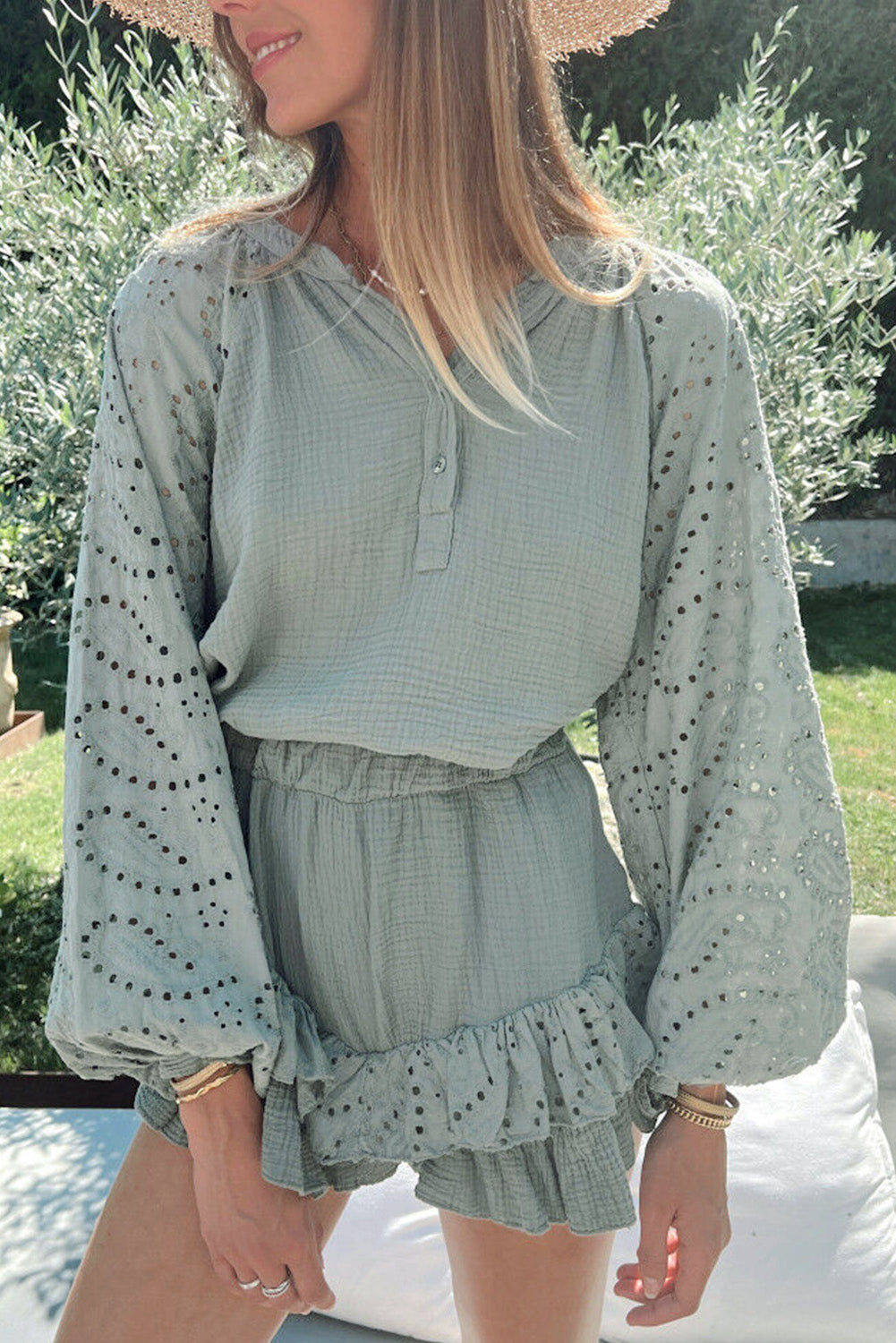 Eyelet Half-Button Top and Shorts Set - Luminous Bear Shop