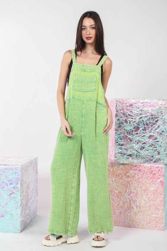 VERY J Texture Washed Wide Leg Overalls