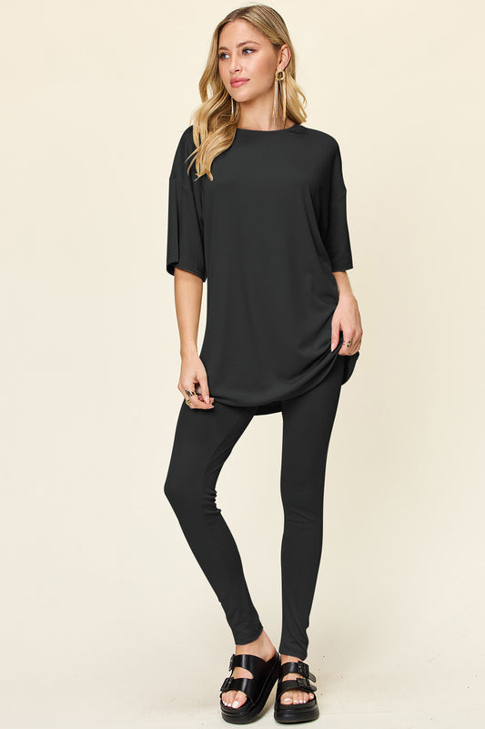 Double Take Full Size Round Neck Dropped Shoulder T-Shirt and Leggings Set - Luminous Bear Shop