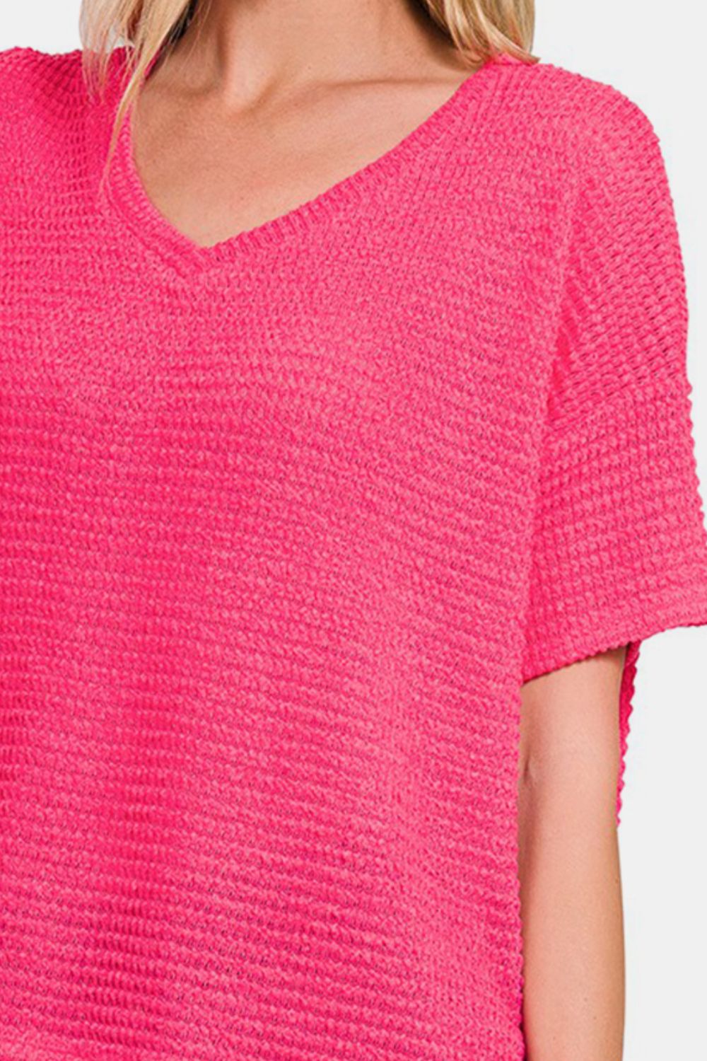 Zenana Drop Shoulder Short Sleeve Jacquard Knit Top - Luminous Bear Shop