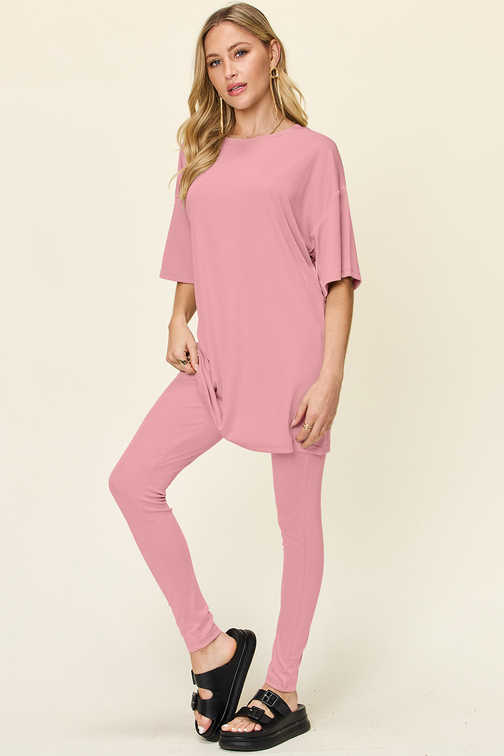 Double Take Full Size Round Neck Dropped Shoulder T-Shirt and Leggings Set - Luminous Bear Shop