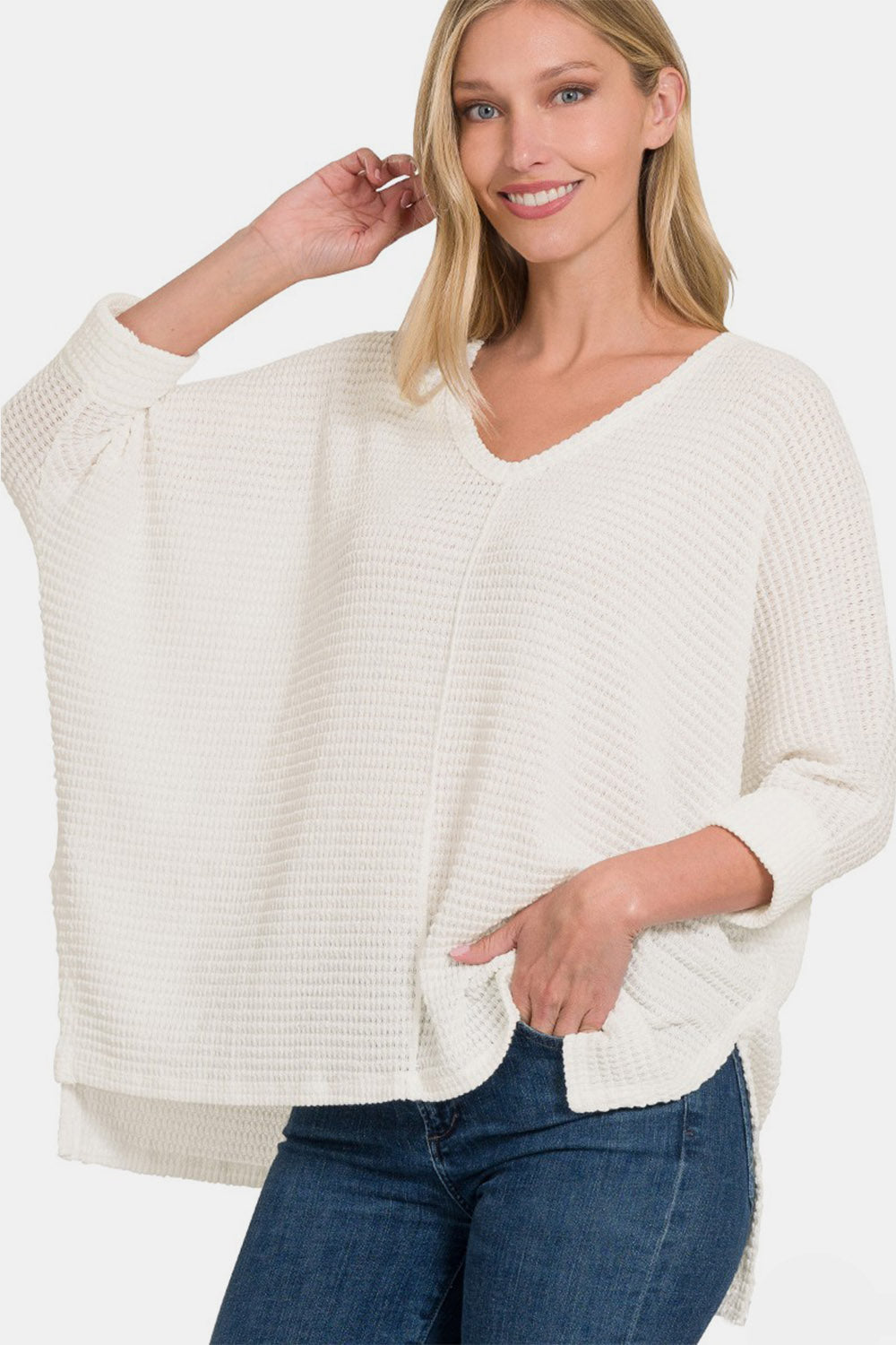 Zenana Full Size Round Neck High-Low Slit Knit Top - Luminous Bear Shop
