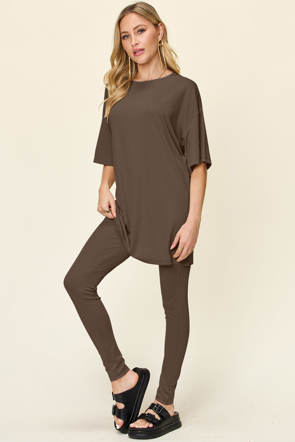 Double Take Full Size Round Neck Dropped Shoulder T-Shirt and Leggings Set - Luminous Bear Shop