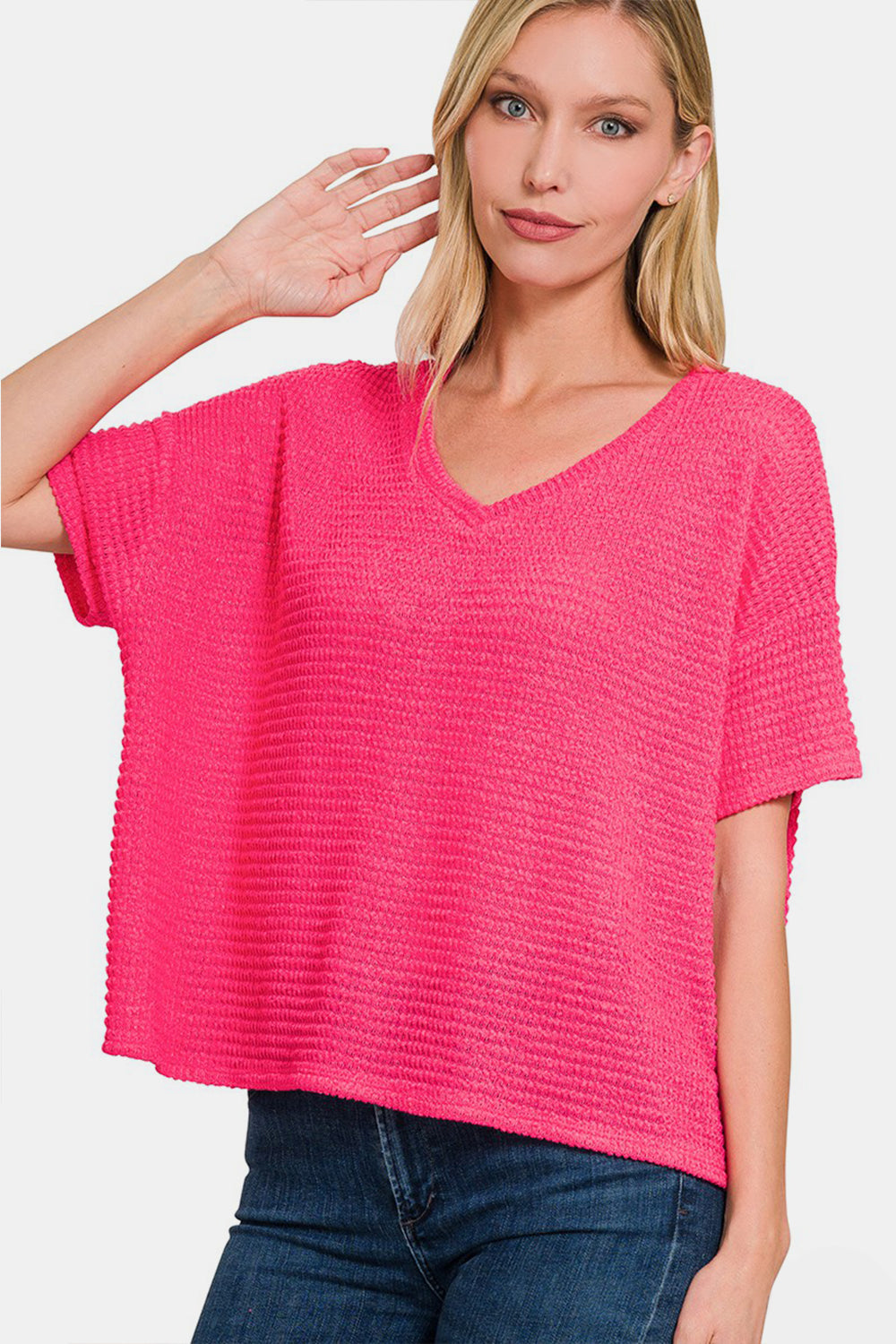 Zenana Drop Shoulder Short Sleeve Jacquard Knit Top - Luminous Bear Shop