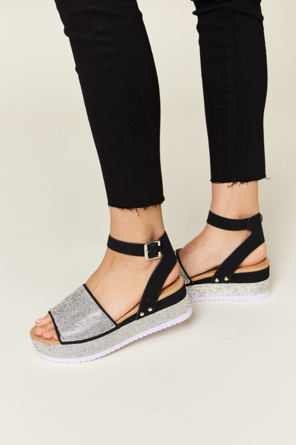 Forever Link Rhinestone Buckle Strappy Wedge Sandals - Luminous Bear Shop
