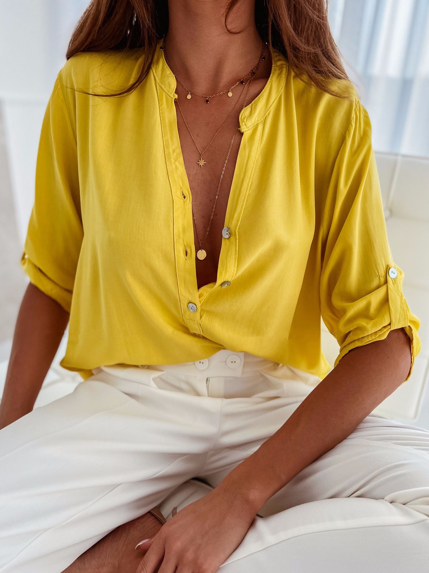 Half Button Notched Half Sleeve Blouse - Luminous Bear Shop