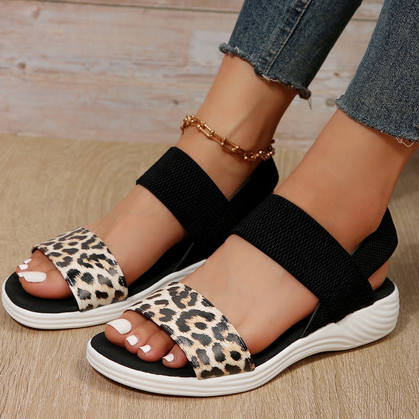 PU Leather Open Toe Low Heel Sandals - Luminous Bear Shop