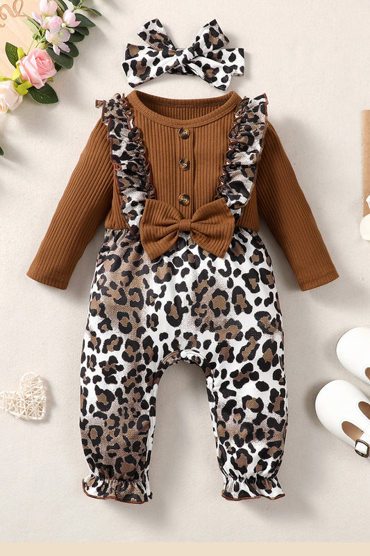 Leopard Bow Round Neck Long Sleeve Jumpsuit - Luminous Bear Shop