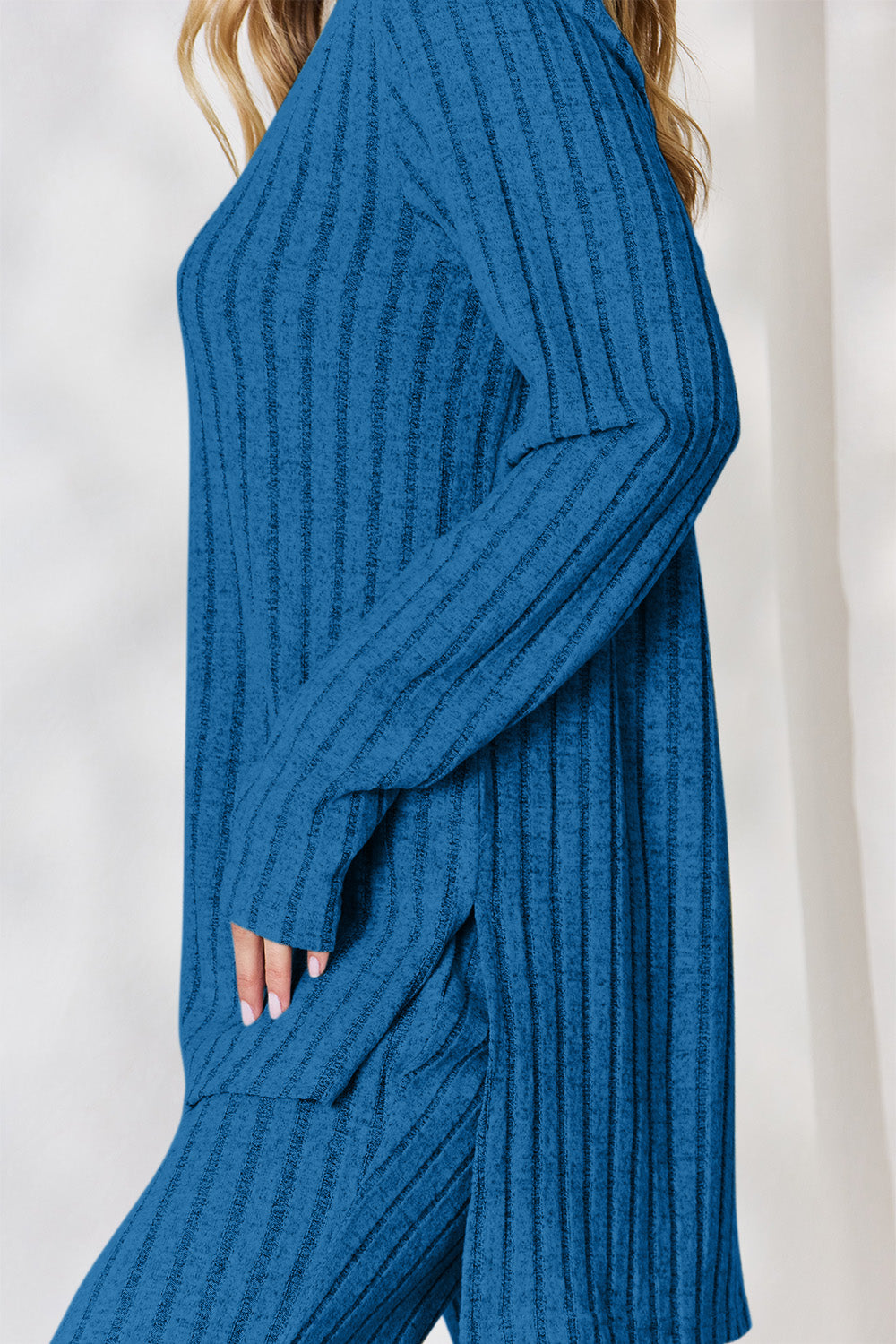 Basic Bae Full Size Ribbed High-Low Top and Wide Leg Pants Set - Luminous Bear Shop