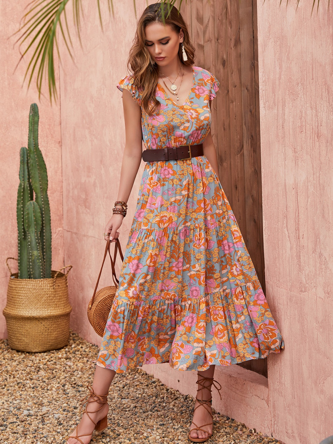 Ruffled Printed V-Neck Cap Sleeve Tiered Dress - Luminous Bear Shop