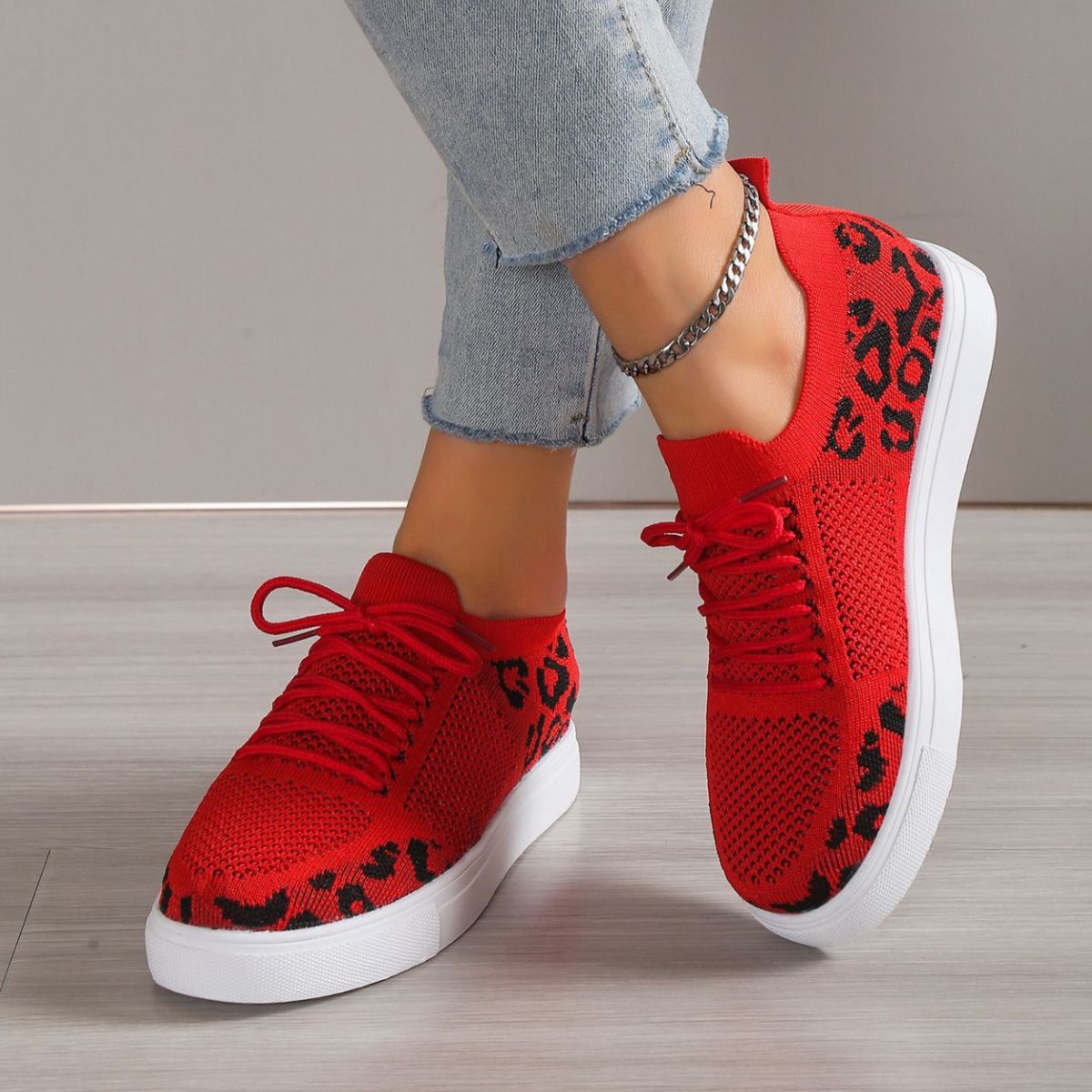 Lace-Up Leopard Flat Sneakers - Luminous Bear Shop