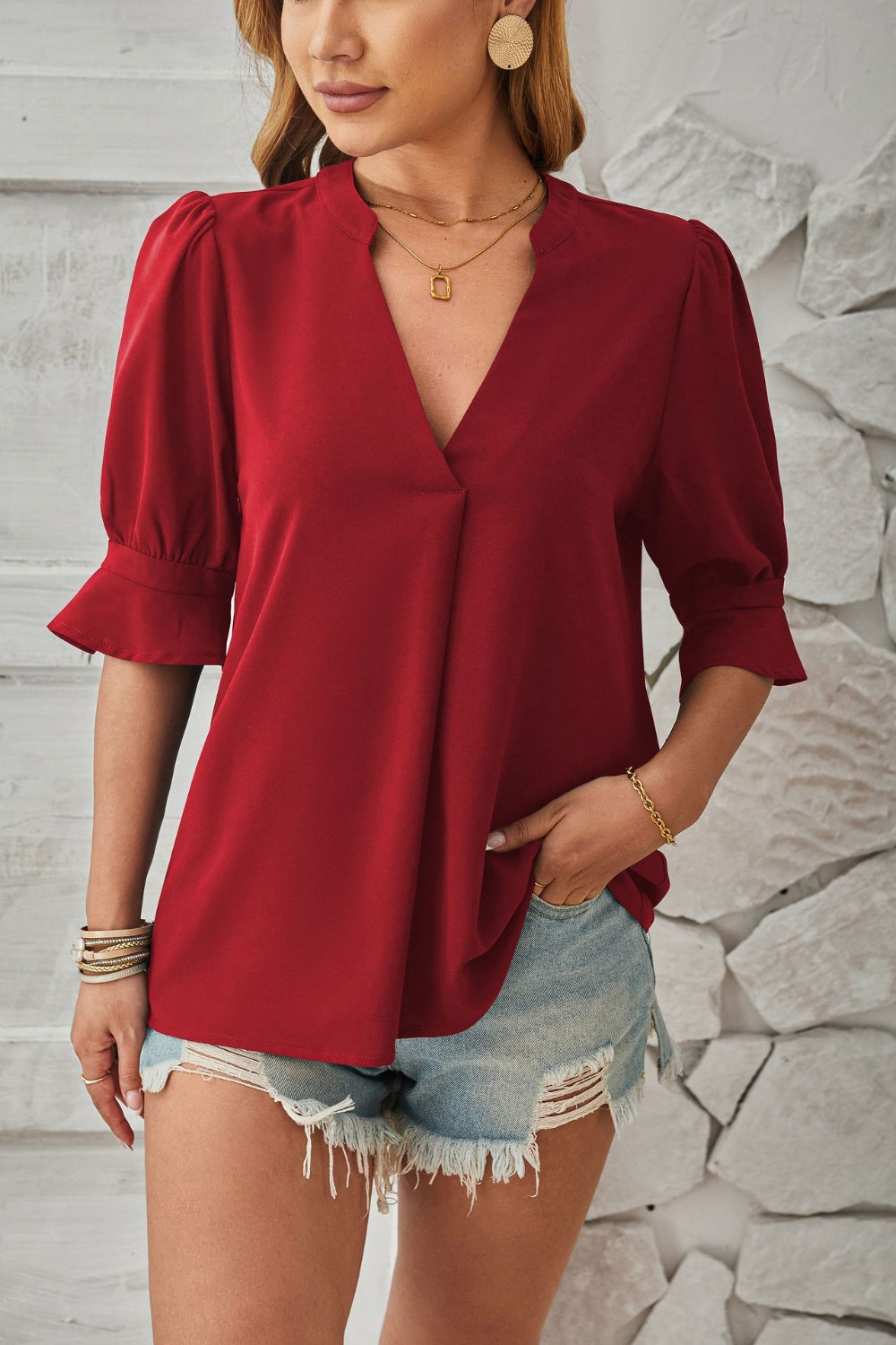 Notched Half Sleeve Blouse - Luminous Bear Shop