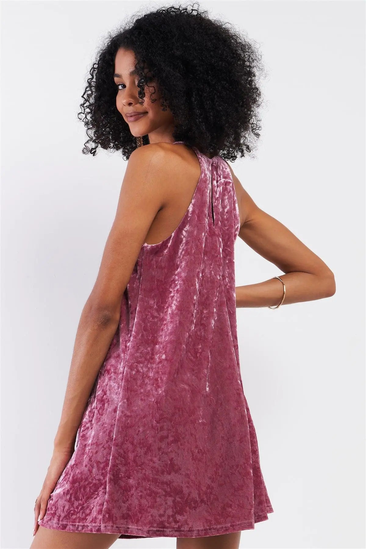 Pink Rose Velvet Square Halter Neck Mini Dress - Luminous Bear Shop