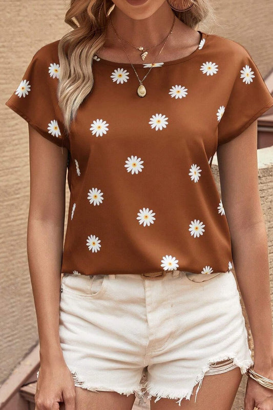 Daisy Printed Round Neck Short Sleeve Blouse - Luminous Bear