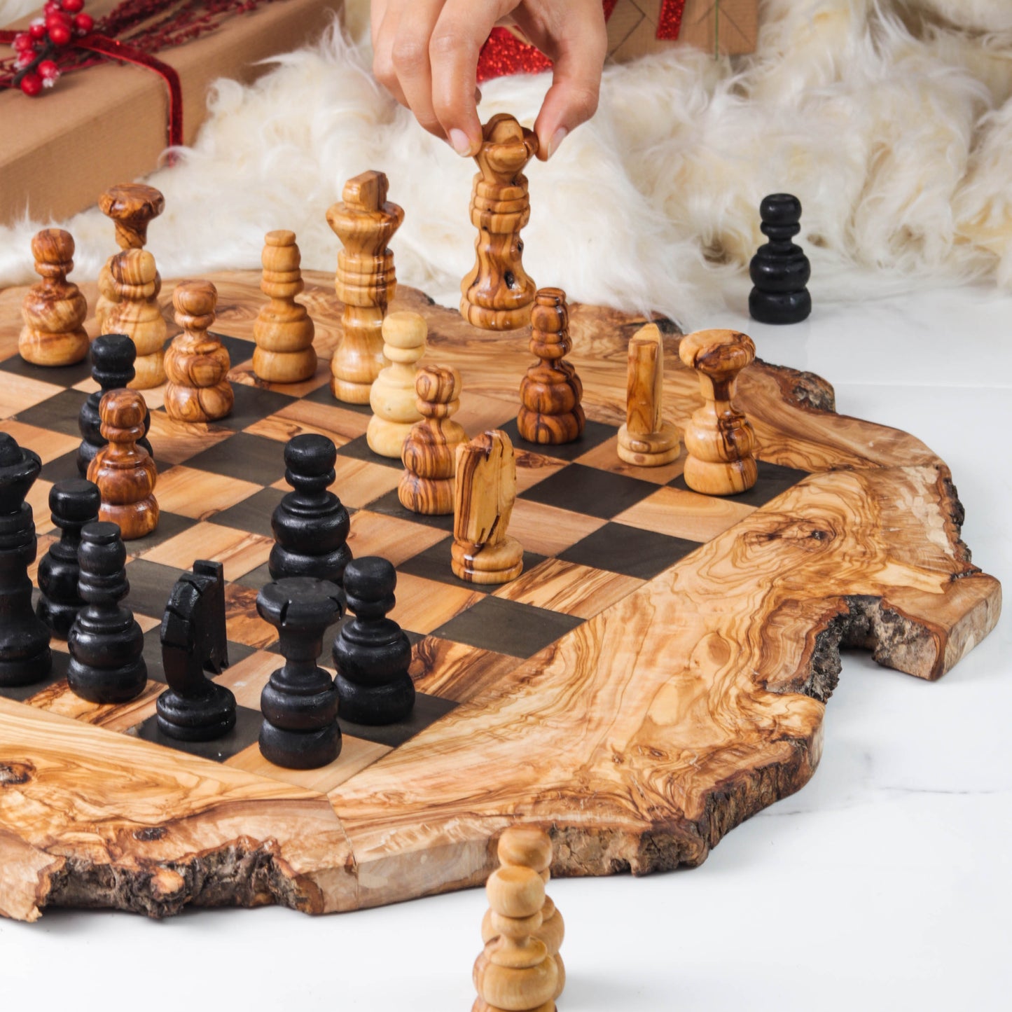 Handcrafted Olive Wood Chess Set with Natural Edges - Luminous Bear Shop