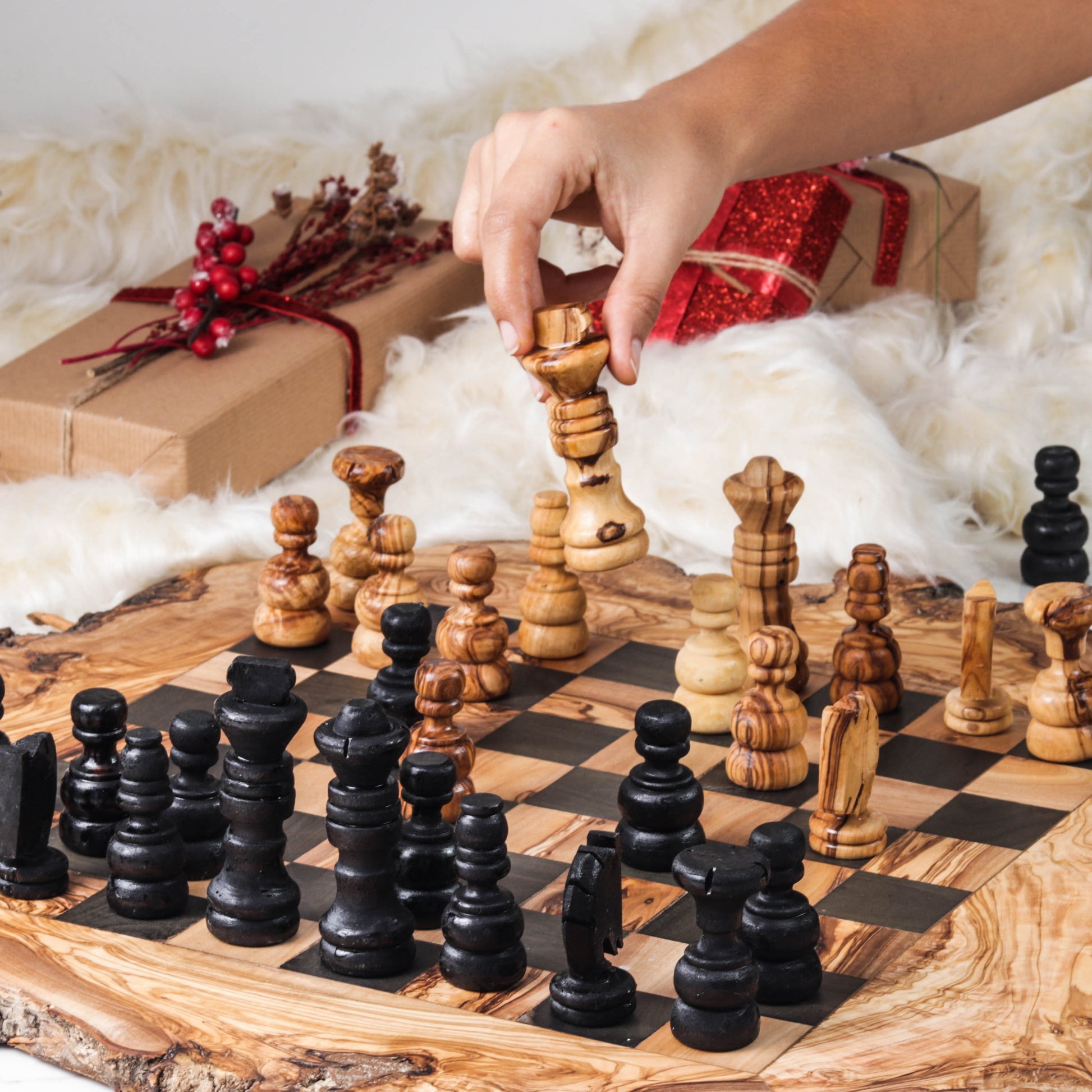 Handcrafted Olive Wood Chess Set with Natural Edges - Luminous Bear Shop