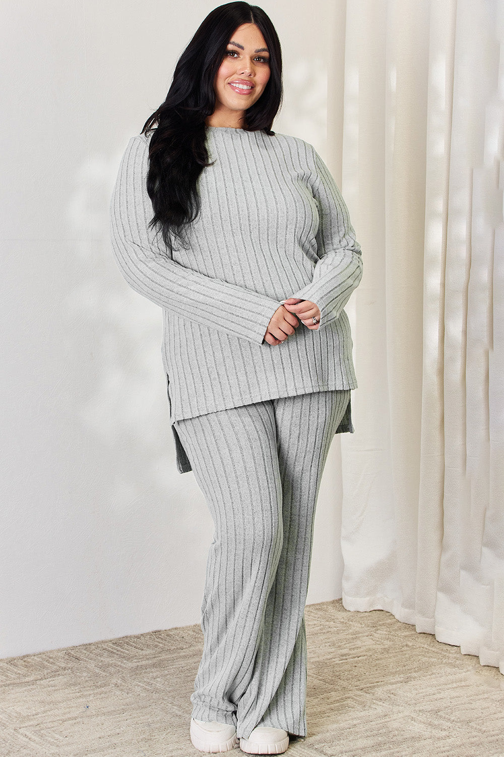 Basic Bae Full Size Ribbed High-Low Top and Wide Leg Pants Set - Luminous Bear Shop