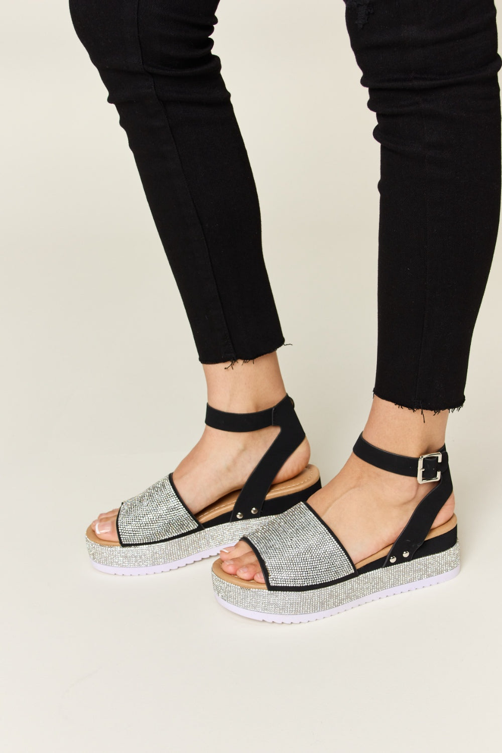 Forever Link Rhinestone Buckle Strappy Wedge Sandals - Luminous Bear Shop