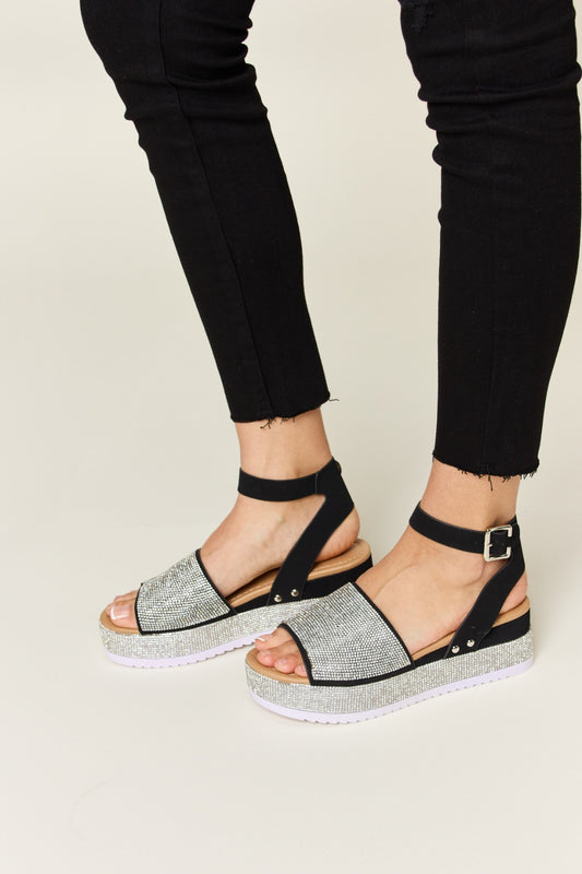 Forever Link Rhinestone Buckle Strappy Wedge Sandals - Luminous Bear Shop