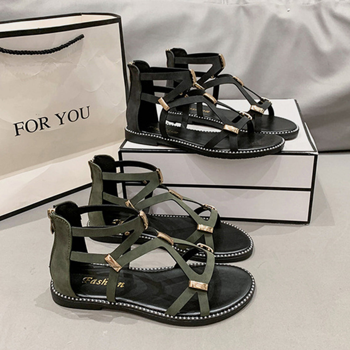 Open Toe Back Zipper Flat Sandals - Luminous Bear Shop