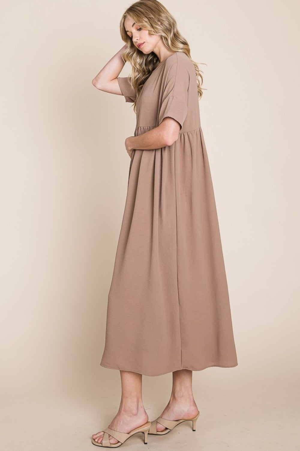 BOMBOM Round Neck Ruched Midi Dress - Luminous Bear Shop