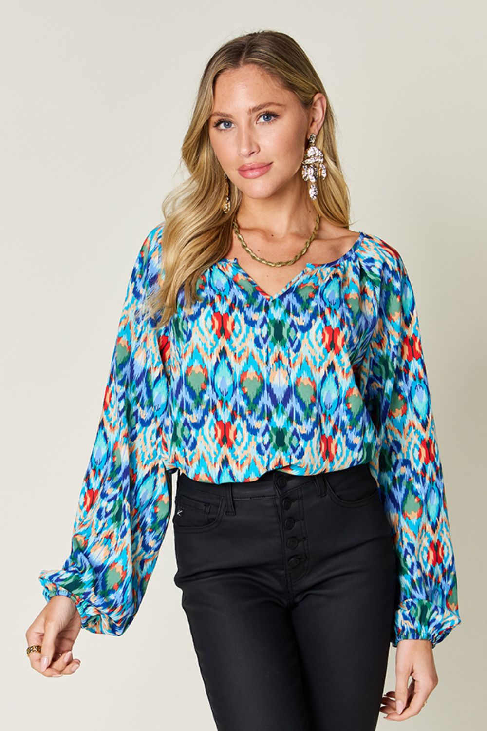 Double Take Full Size Printed Balloon Sleeve Blouse - Luminous Bear