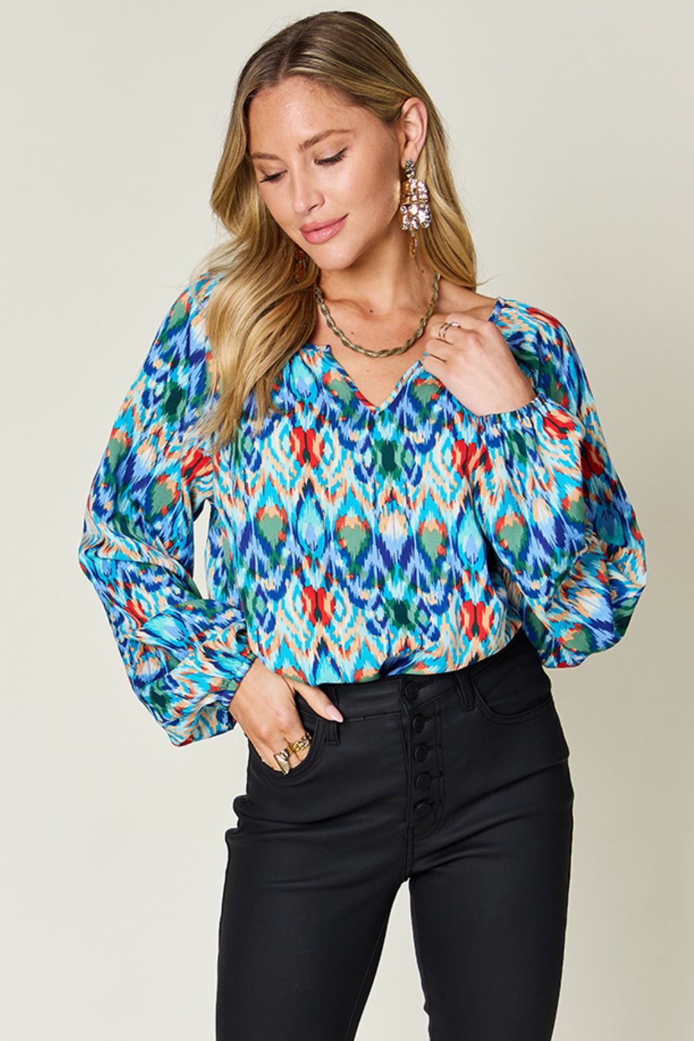 Double Take Full Size Printed Balloon Sleeve Blouse - Luminous Bear