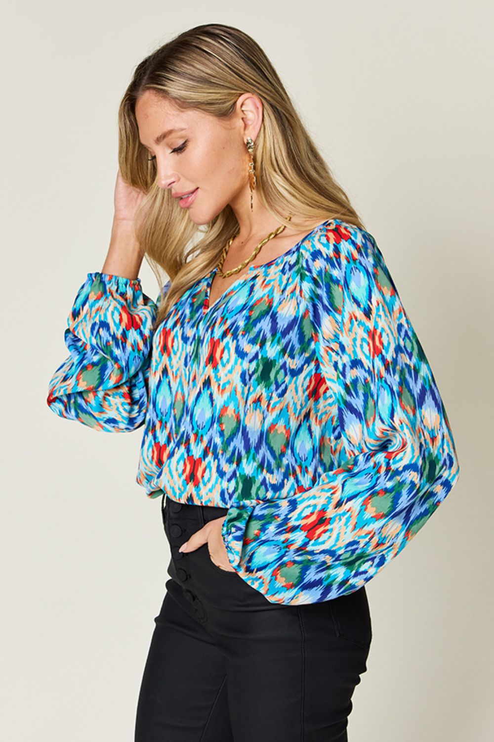 Double Take Full Size Printed Balloon Sleeve Blouse - Luminous Bear