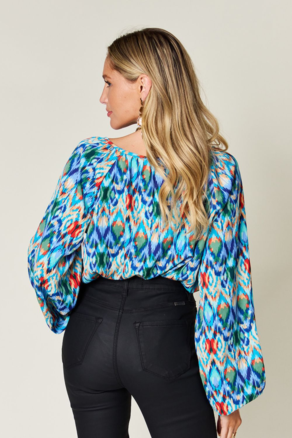 Double Take Full Size Printed Balloon Sleeve Blouse - Luminous Bear