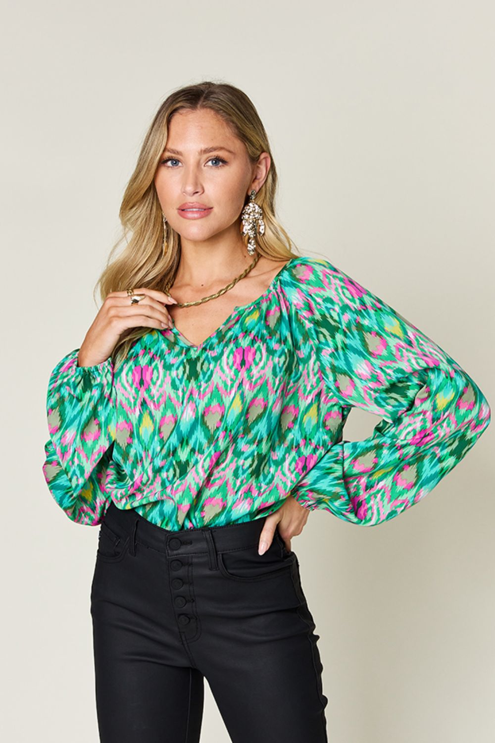 Double Take Full Size Printed Balloon Sleeve Blouse - Luminous Bear