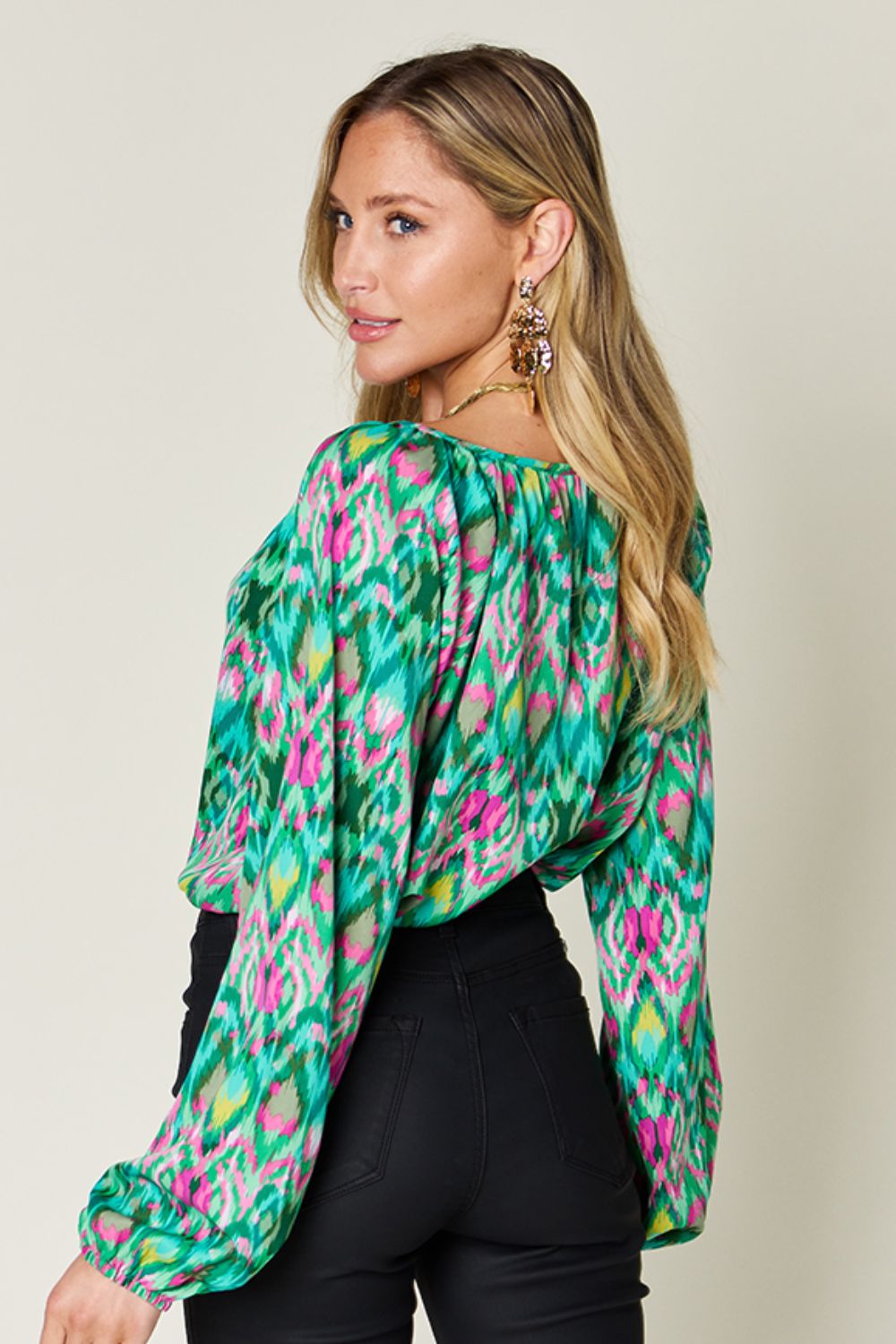 Double Take Full Size Printed Balloon Sleeve Blouse - Luminous Bear