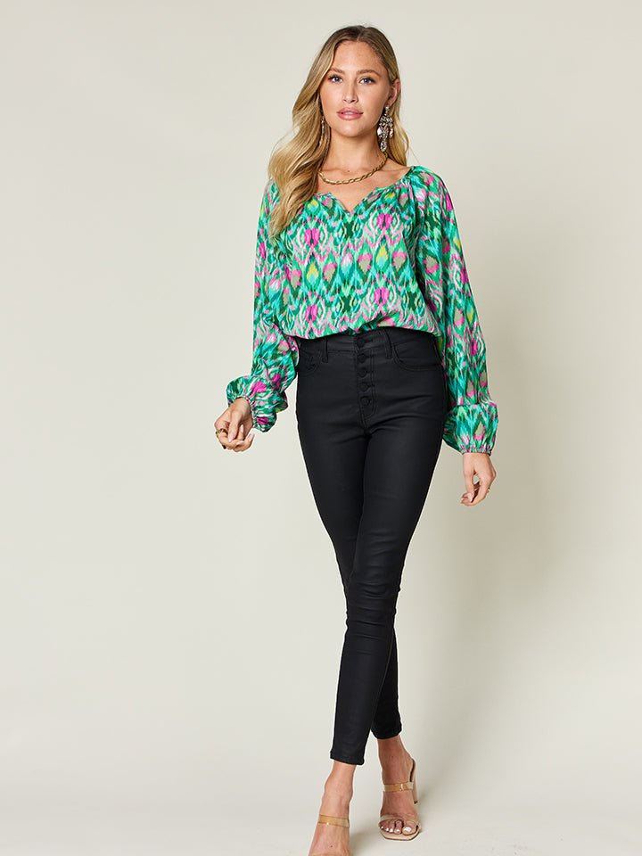 Double Take Full Size Printed Balloon Sleeve Blouse - Luminous Bear