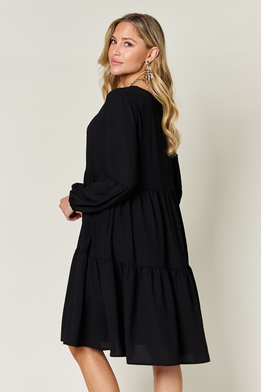 Double Take Full Size V-Neck Balloon Sleeve Tiered Dress - Luminous Bear