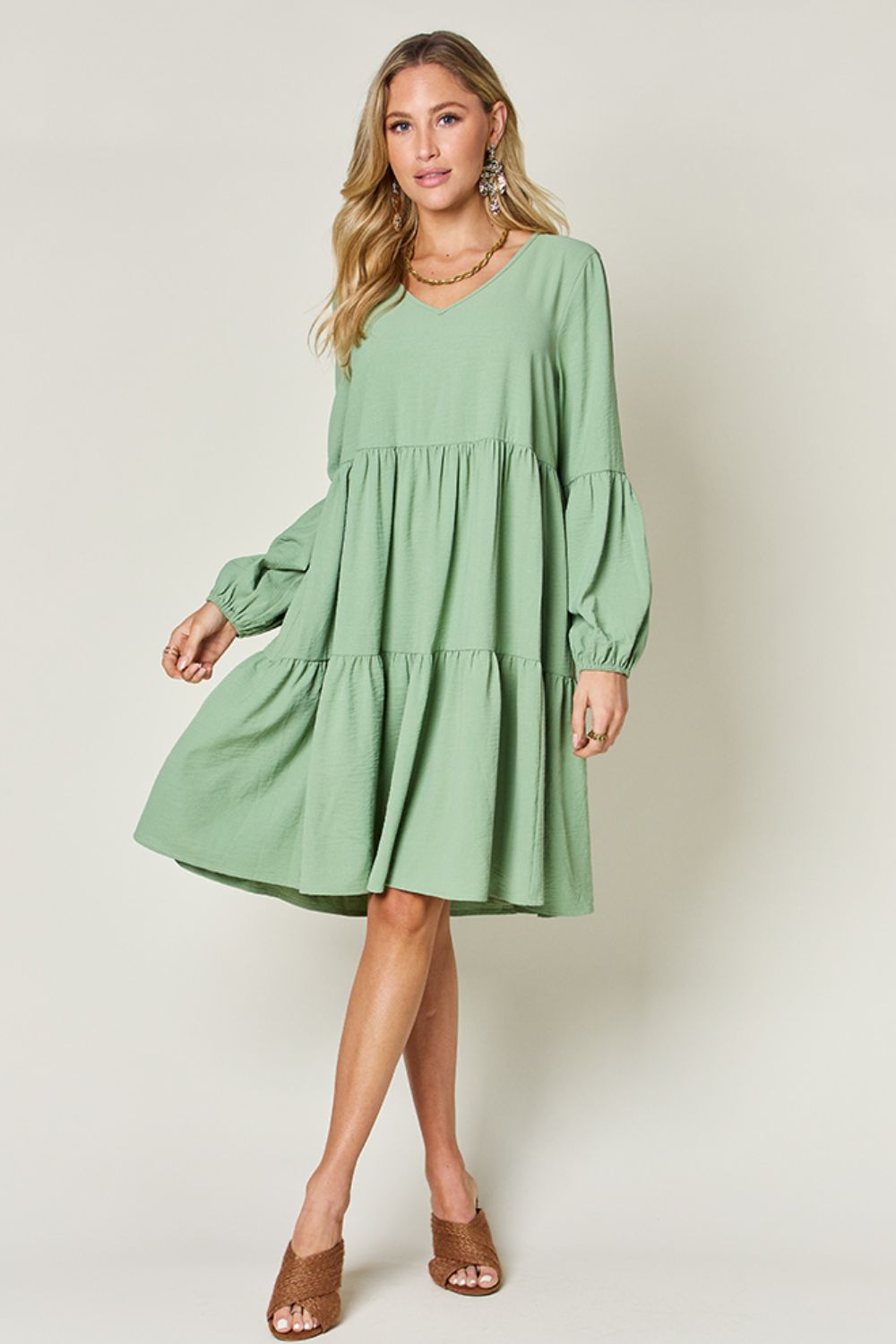 Double Take Full Size V-Neck Balloon Sleeve Tiered Dress - Luminous Bear