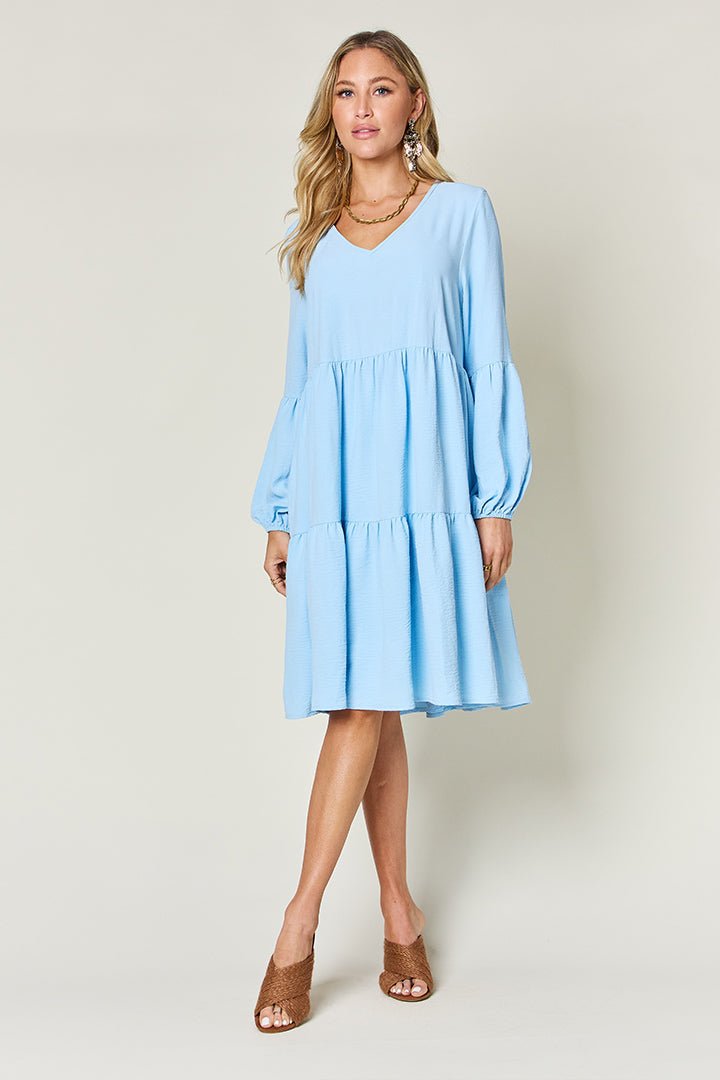 Double Take Full Size V-Neck Balloon Sleeve Tiered Dress - Luminous Bear