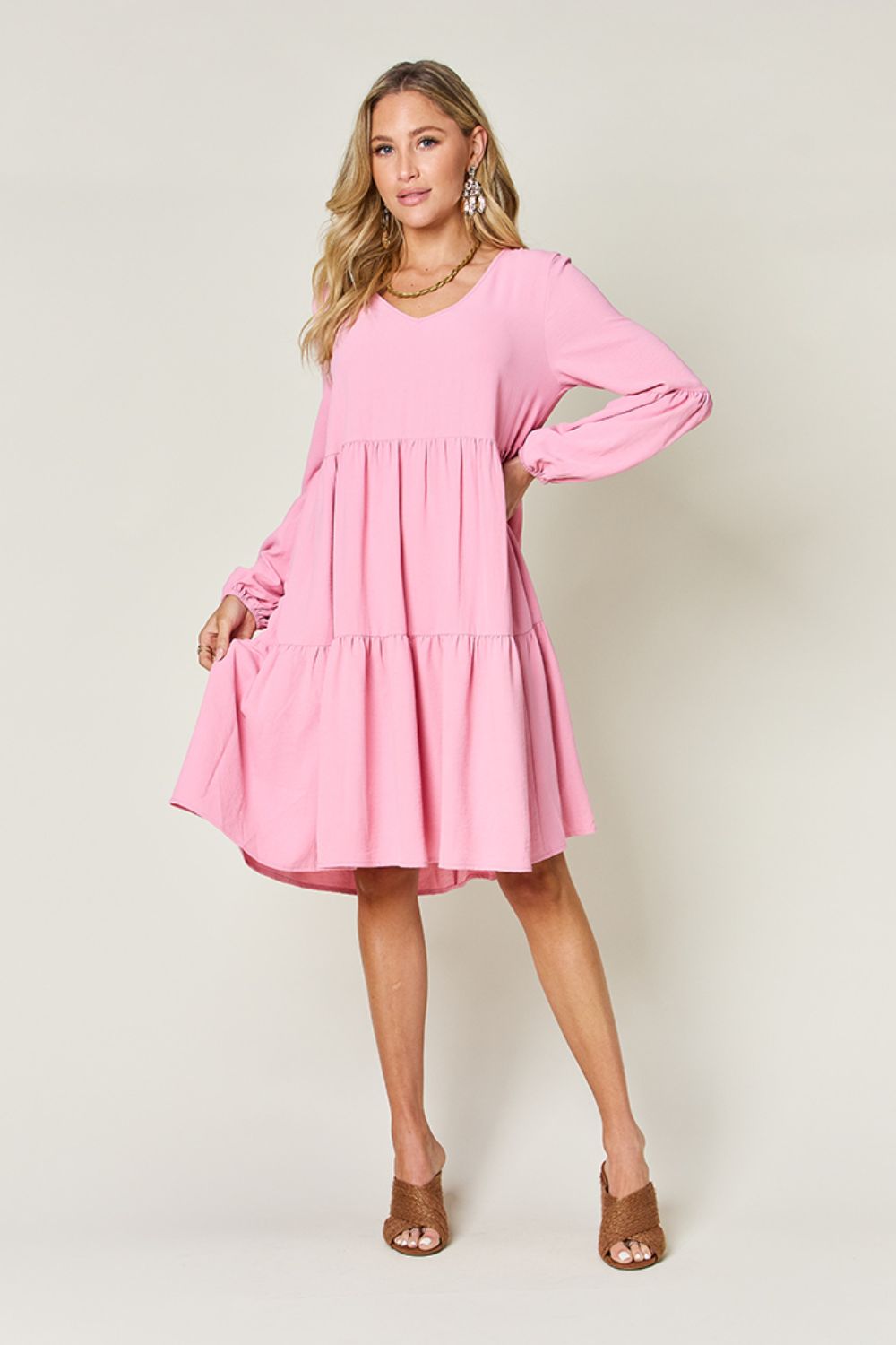 Double Take Full Size V-Neck Balloon Sleeve Tiered Dress - Luminous Bear