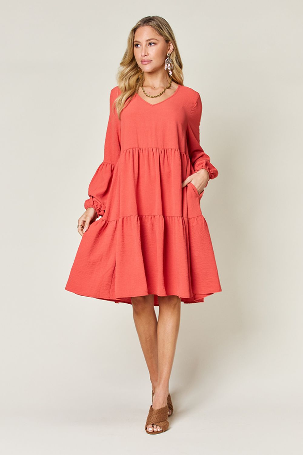 Double Take Full Size V-Neck Balloon Sleeve Tiered Dress - Luminous Bear