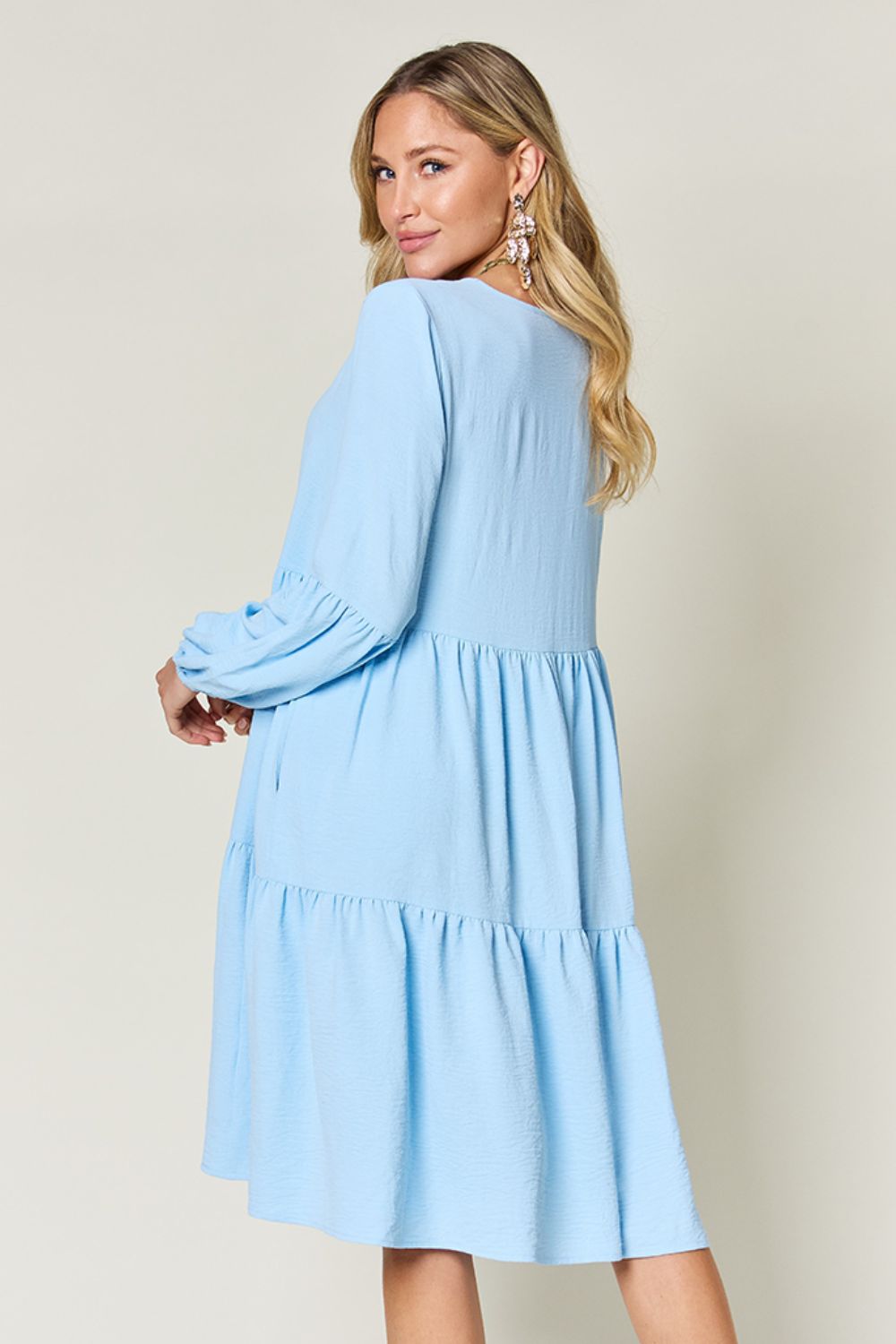 Double Take Full Size V-Neck Balloon Sleeve Tiered Dress - Luminous Bear