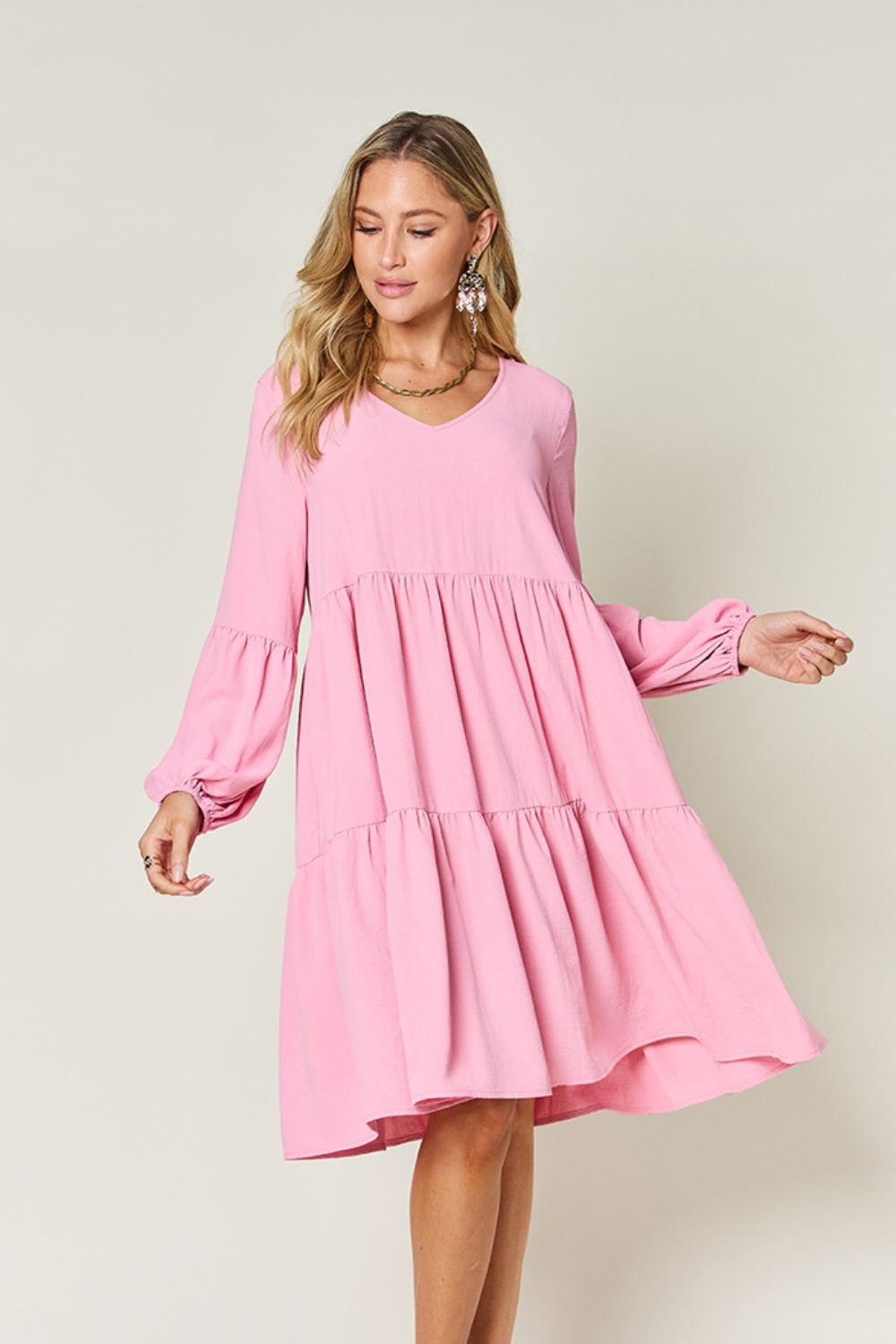 Double Take Full Size V-Neck Balloon Sleeve Tiered Dress - Luminous Bear